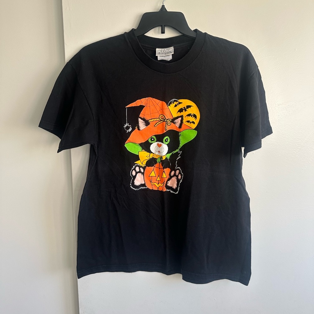 Basic Editions Black Tee with Halloween Cat Design Unisex